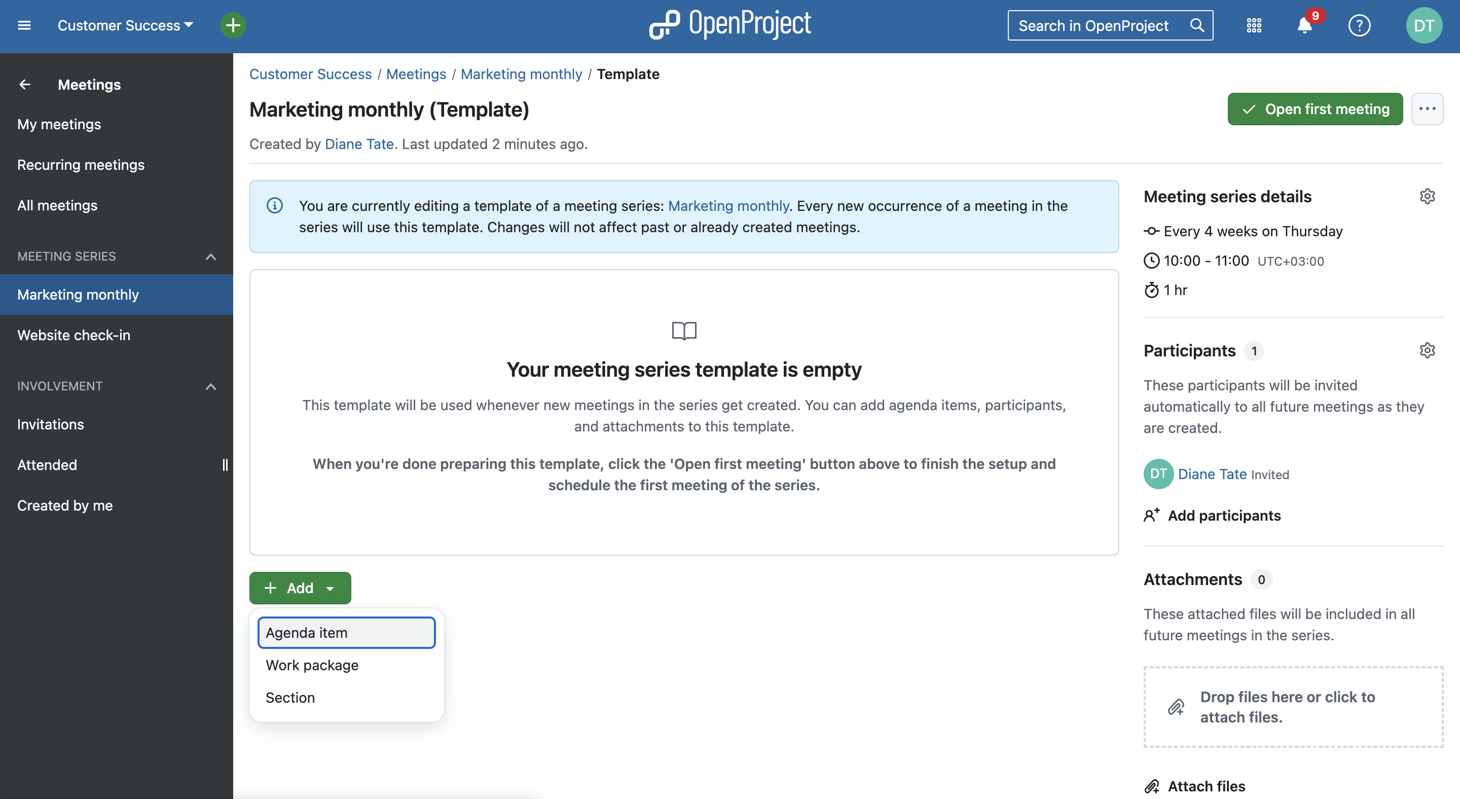 The OpenProject Meetings module, showing an empty template agenda and a note that you are editing a template that every new occurrence of a meeting in the series will use