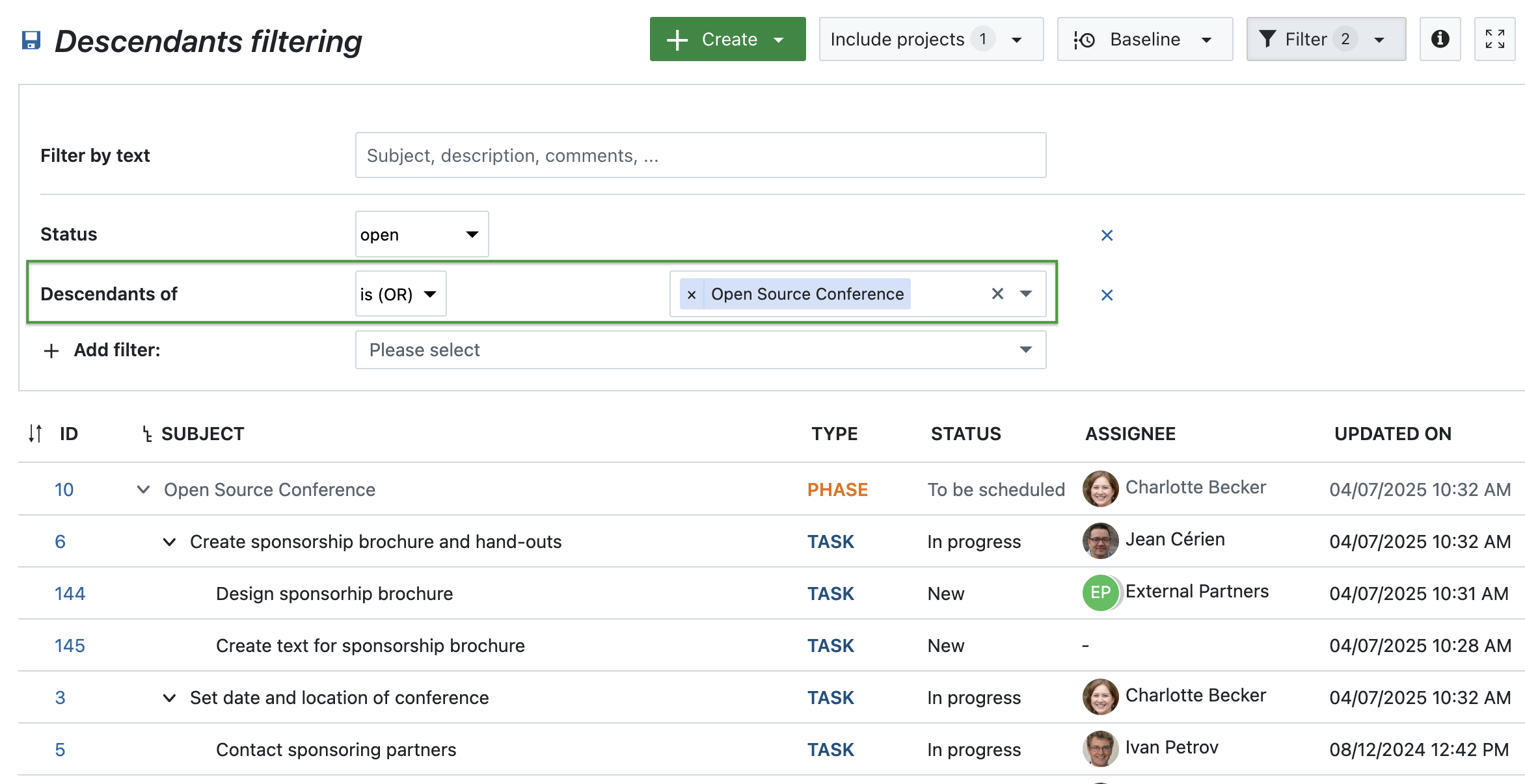 Arbeitspakettabelle nach Nachkommen einer Phase gefiltert