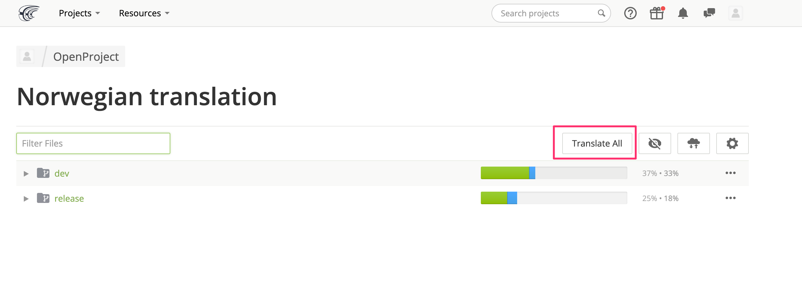 Select OpenProject version to translate in CrowdIn