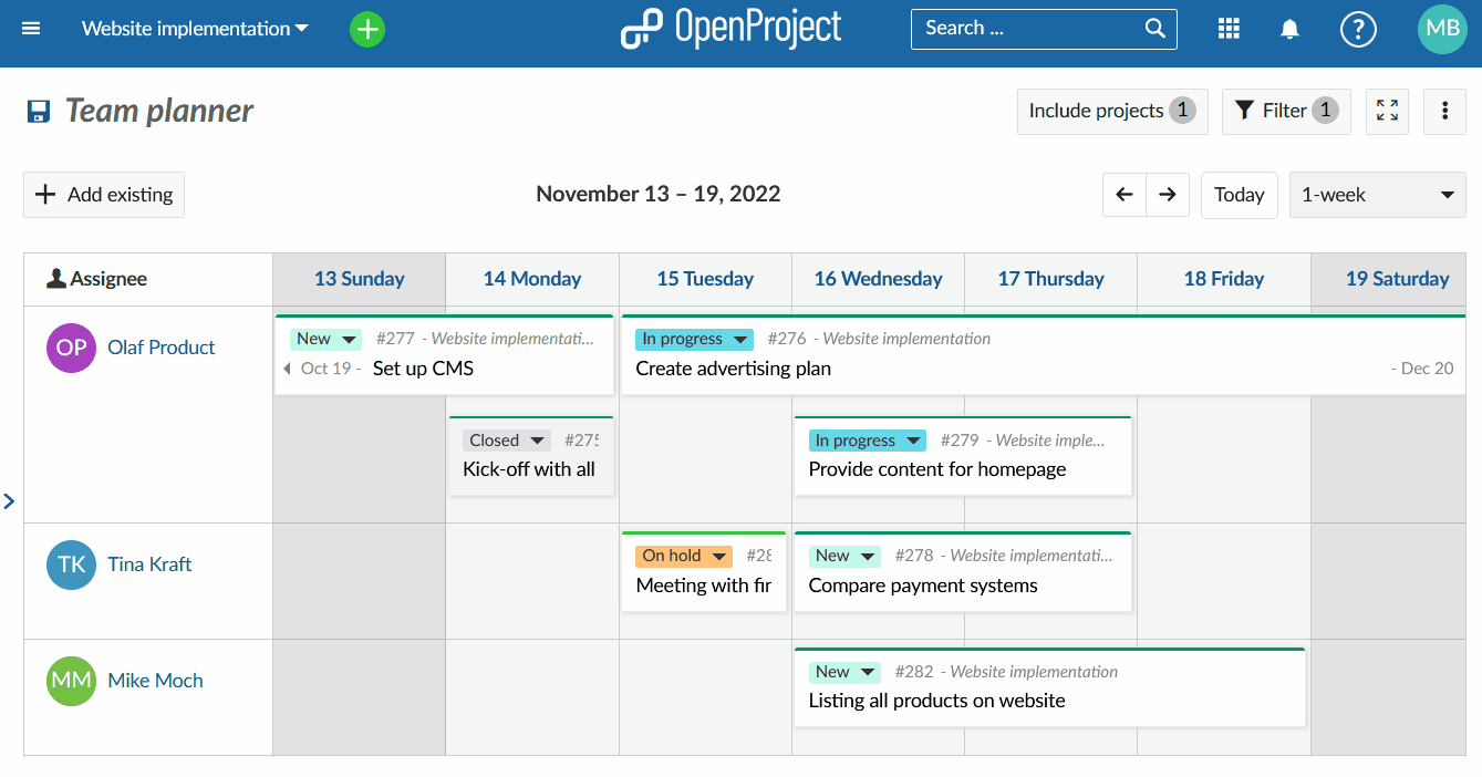 selecting work week in team planner