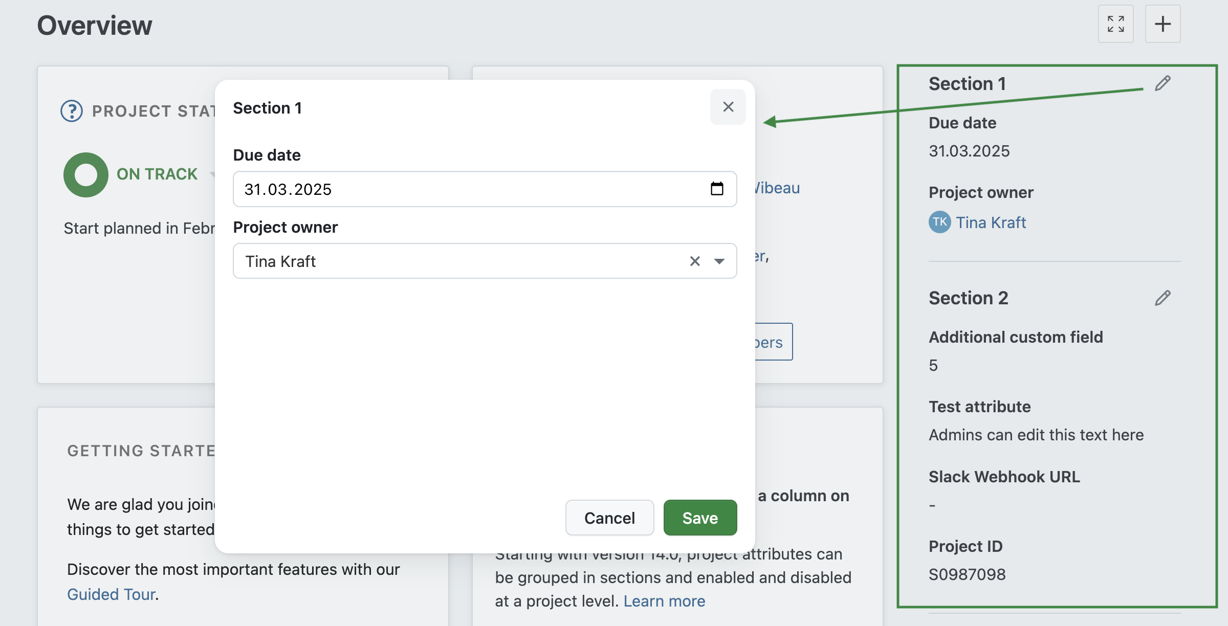 Project attributes shown on project overview page, divided in sections