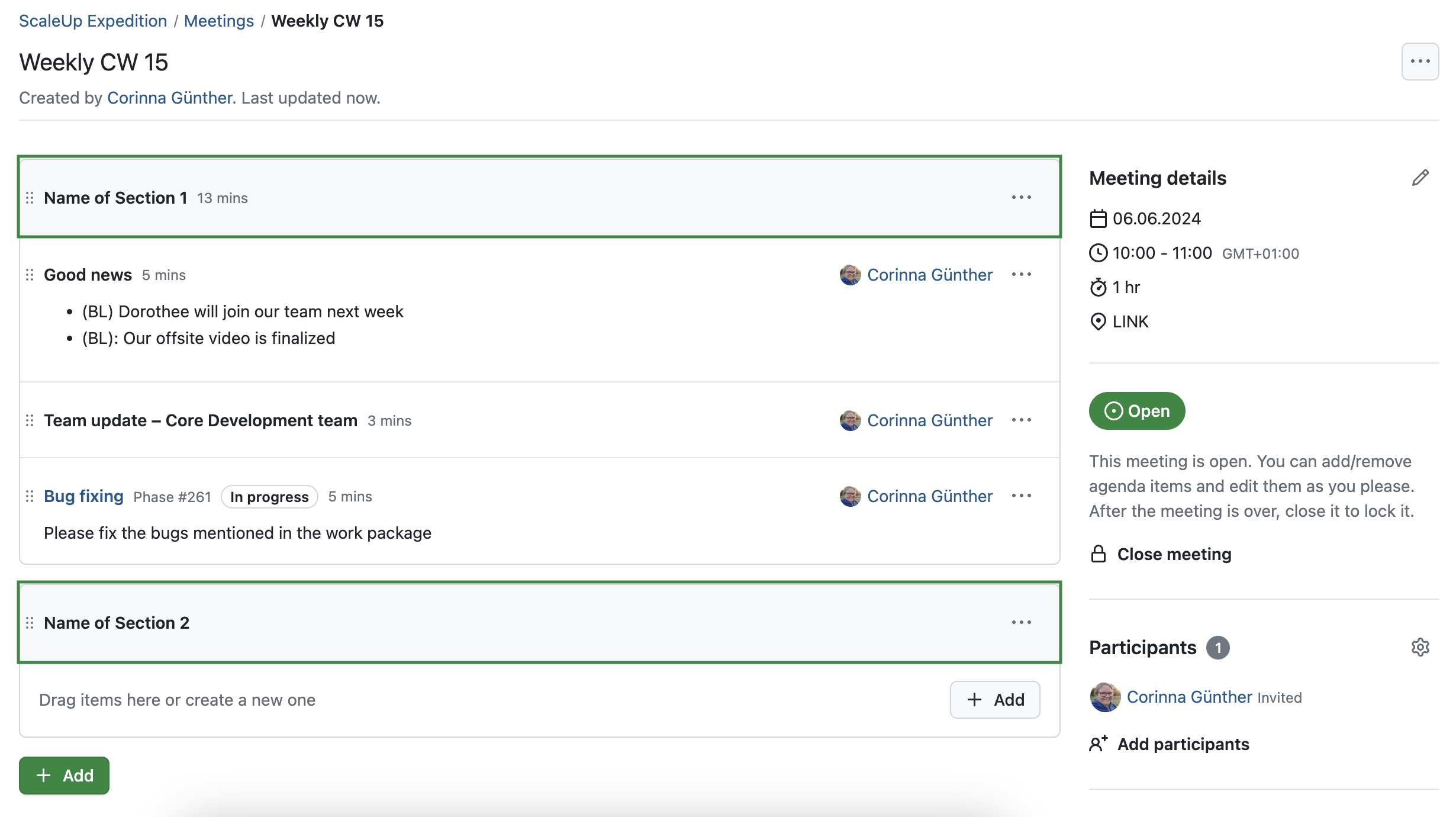 OpenProject’s Meetings module, separated in sections