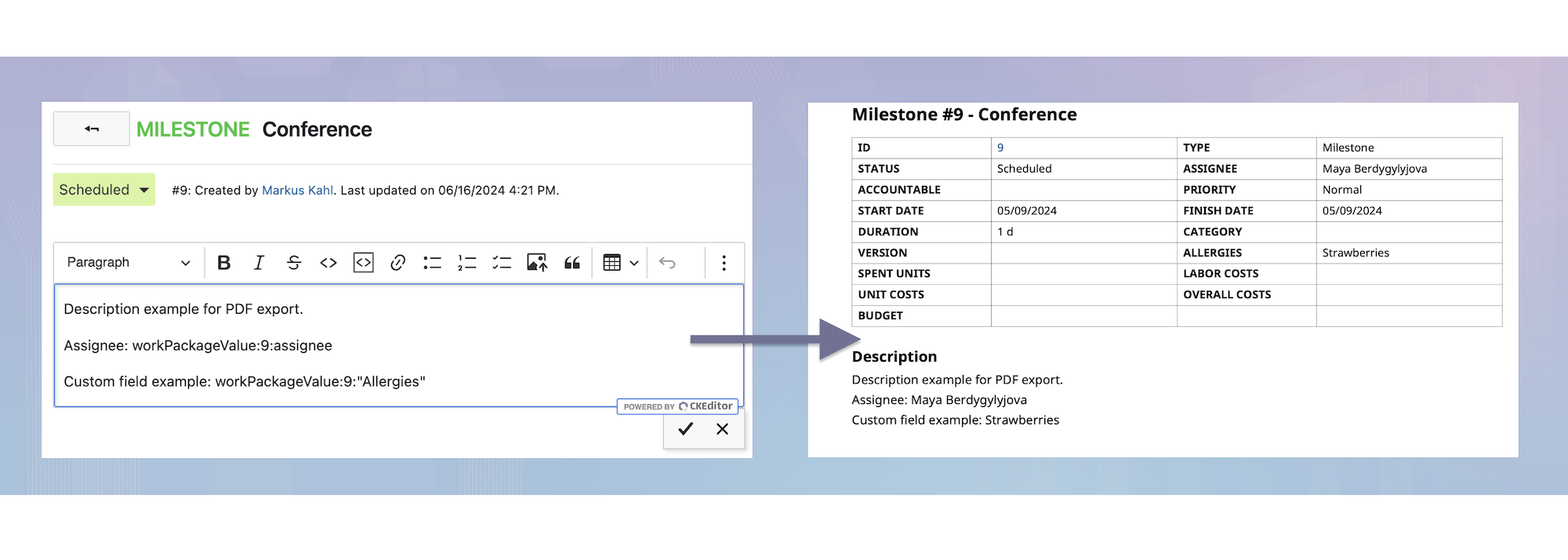 Two screenshots, one showing embedded work package attributes and the other the exported PDF