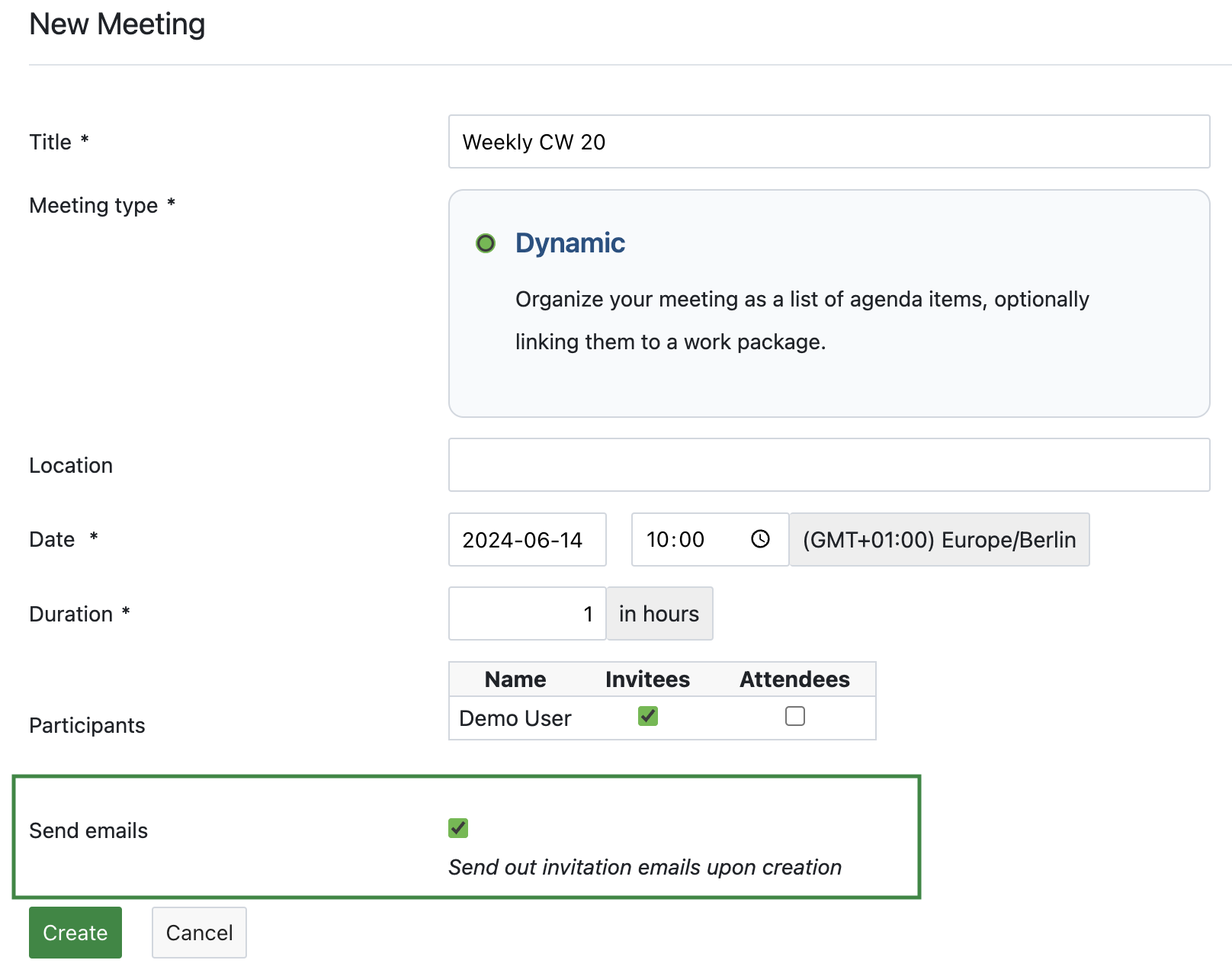 Checkbox on OpenProject’s Meetings module to send emails upon creating a new meeting