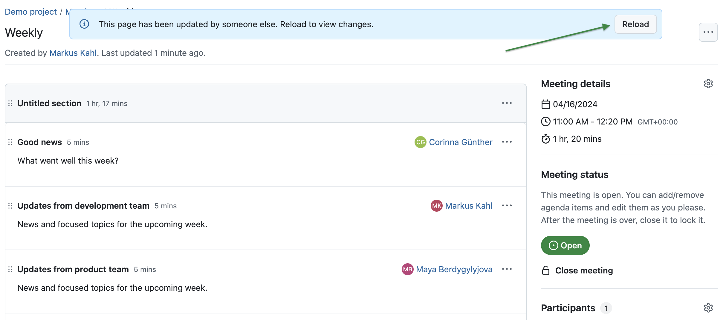 Screenshot of the OpenProject meetings module, showing the notification: This page has been updated by someone else. Reload to view changes.