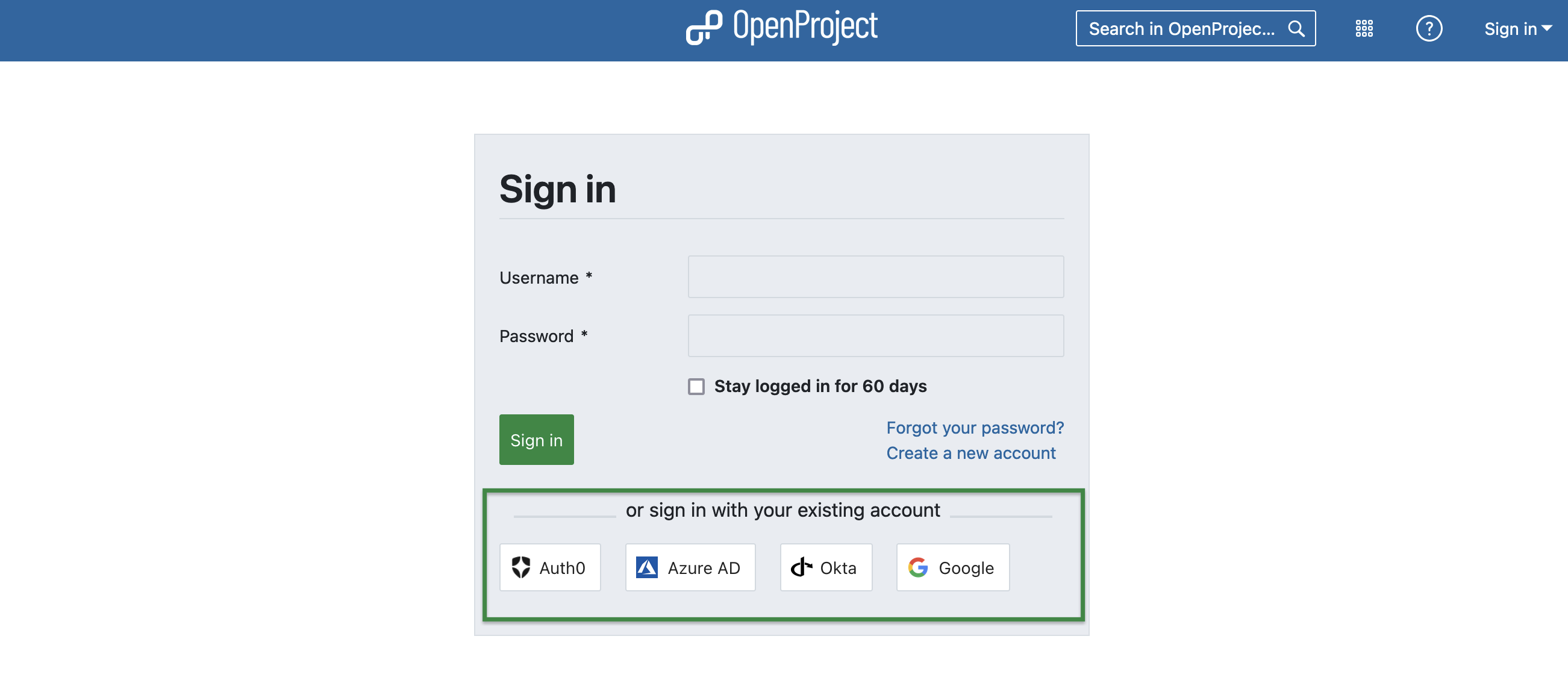 Example screenshot of the log in screen with options to single sign-on