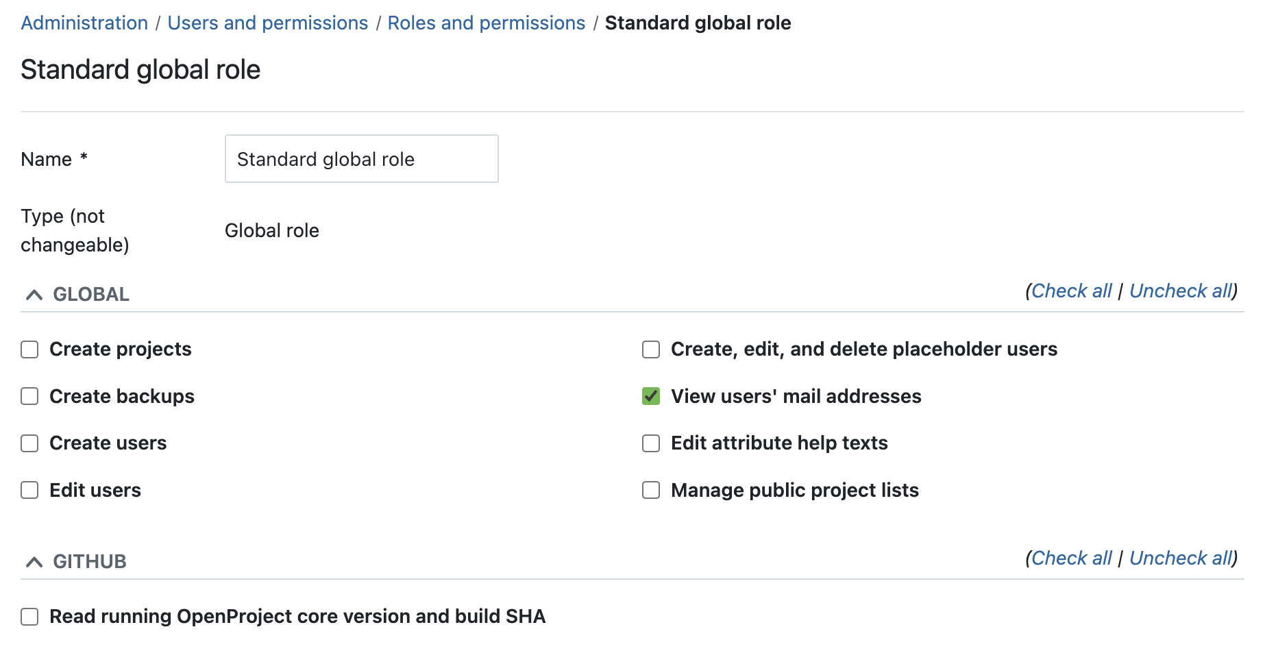 Example screenshot of permissions view for the new Standard global role, with checkmark at ‘View users’ mail addresses