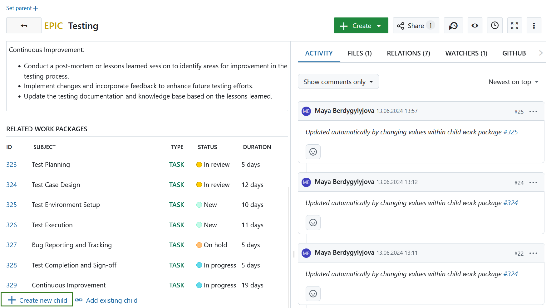 A table of related work packages in OpenProject