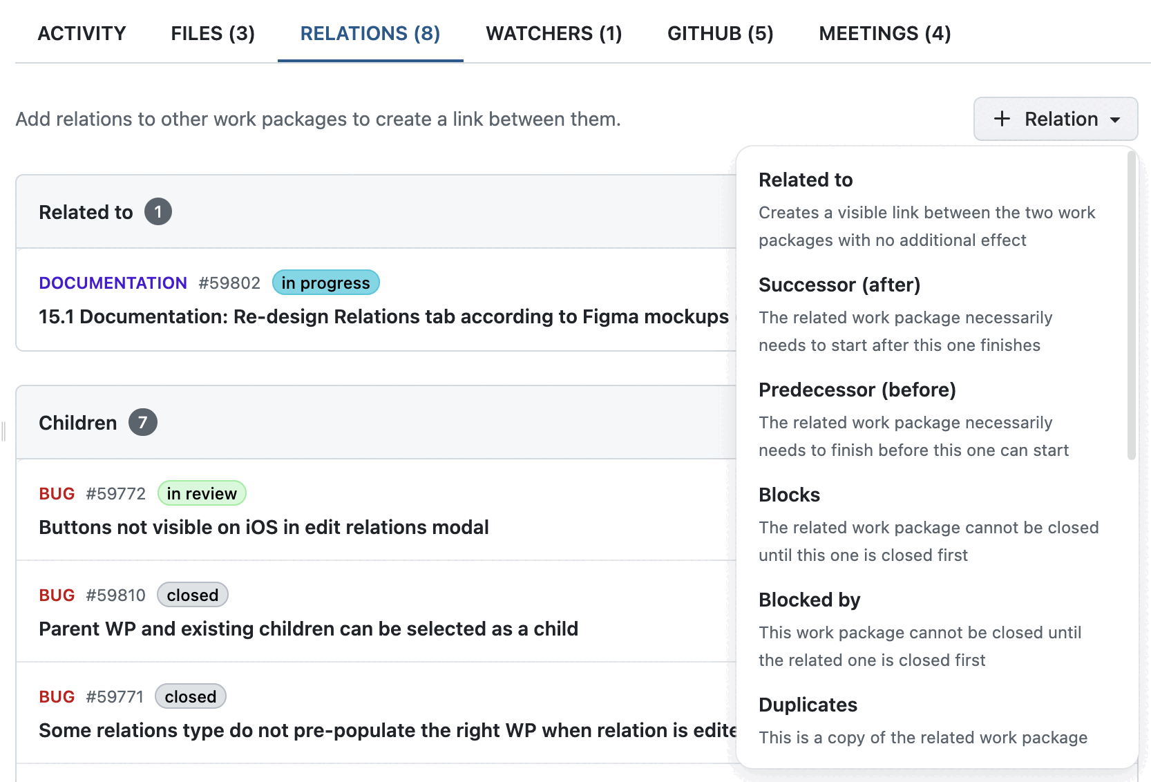 Screenshot showing the new Relations tab in a work package