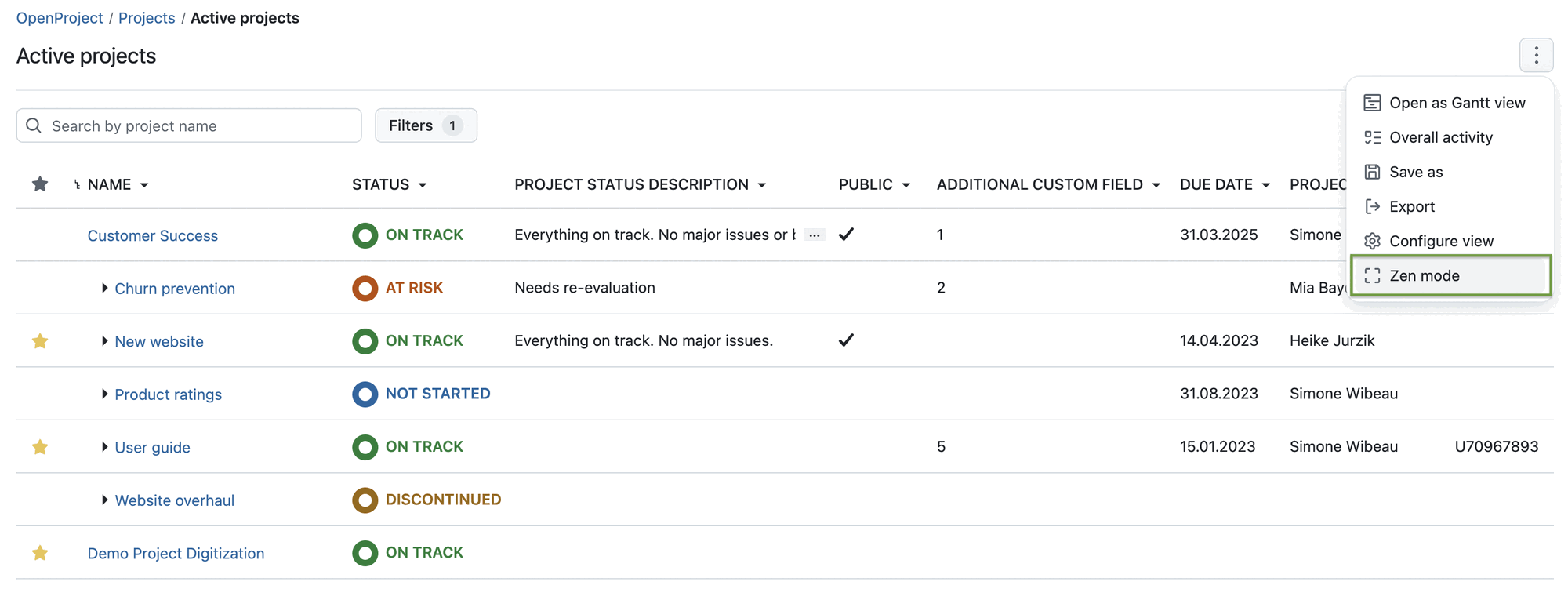 Example screenshot of a project list in zen mode
