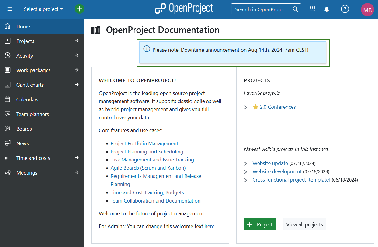 An active announcement displayed on the OpenProject application start page