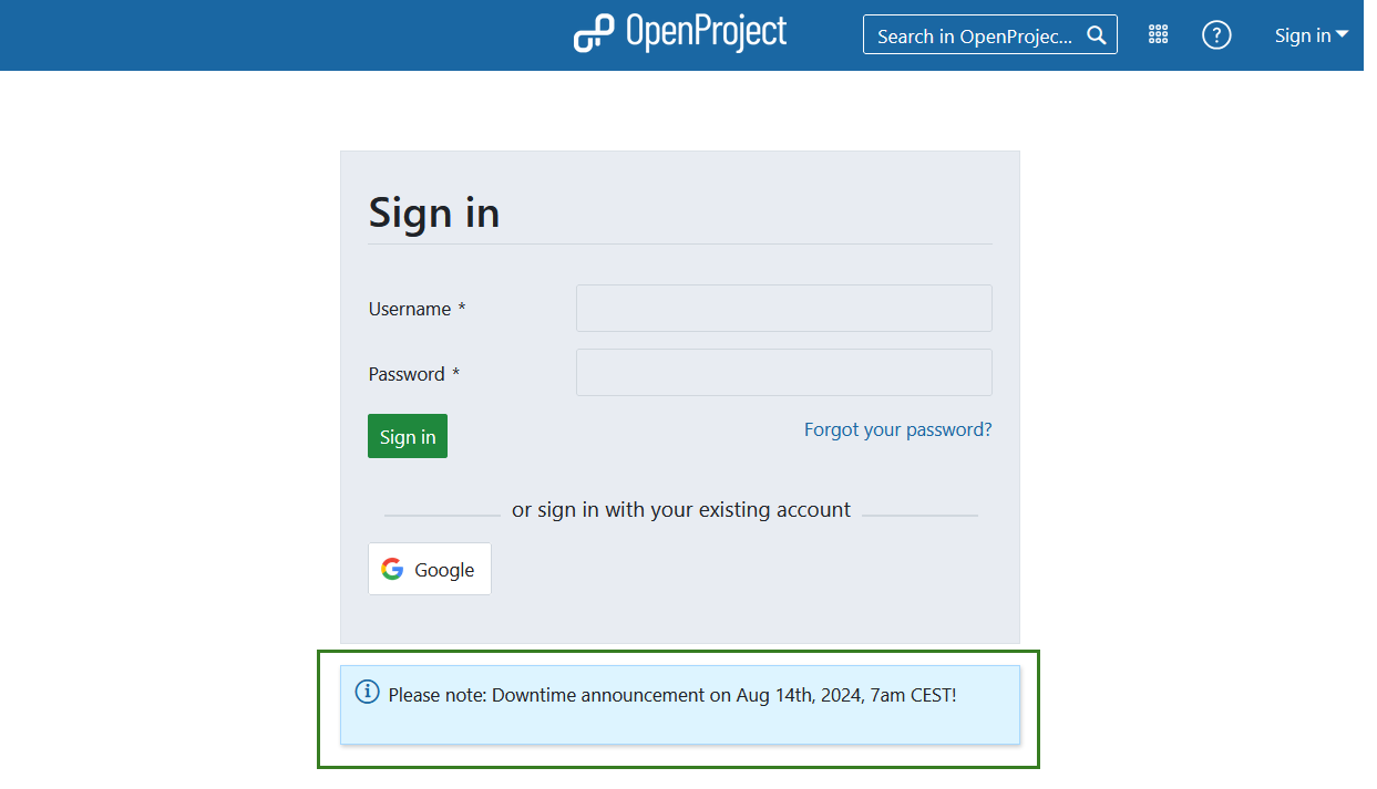 An active announcement displayed on the OpenProject login screen