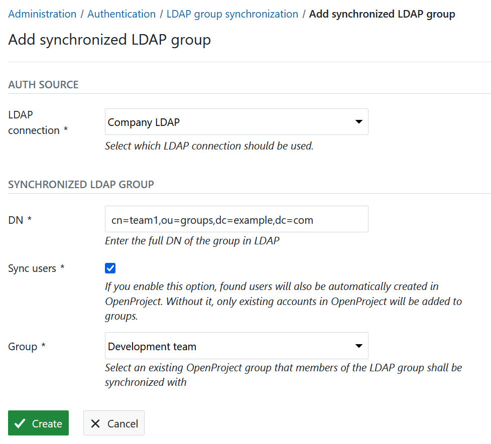 LDAP group synchronization settings in OpenProject administration