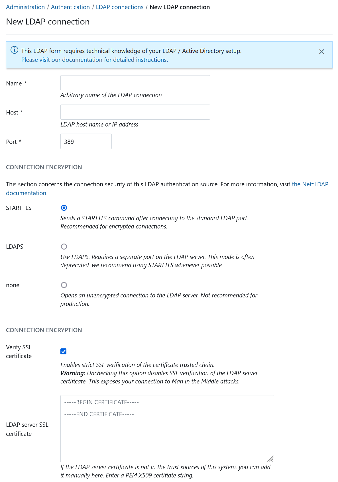 Adding a new LDAP authentication server in OpenProject administration