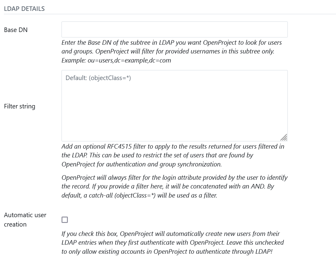 Defining the details of the LDAP connection in OpenProject administration