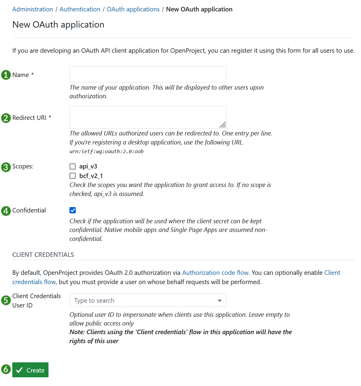 Add a new OAuth application in OpenProject administration