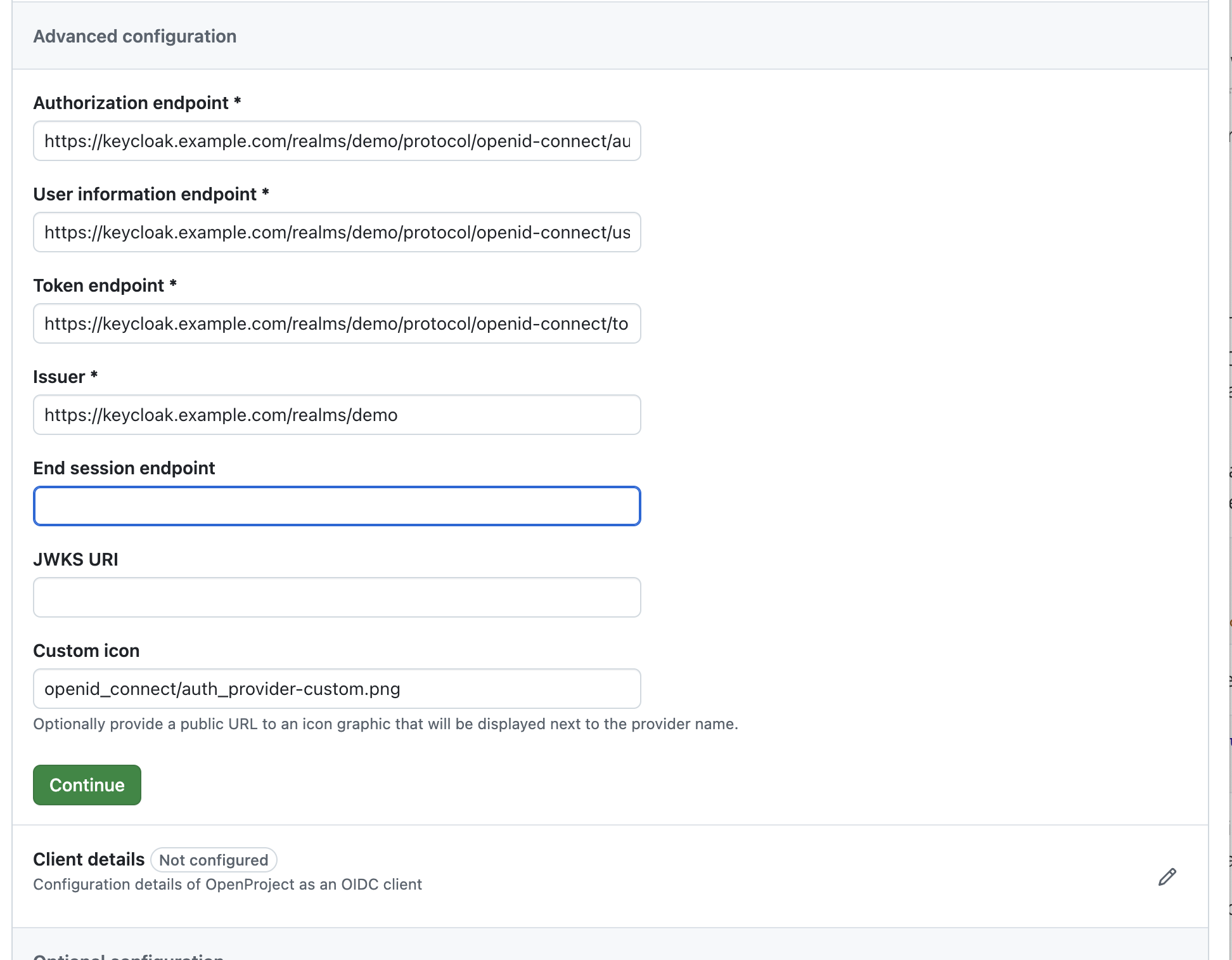 Custom OpenID provider advanced configuration in OpenProject