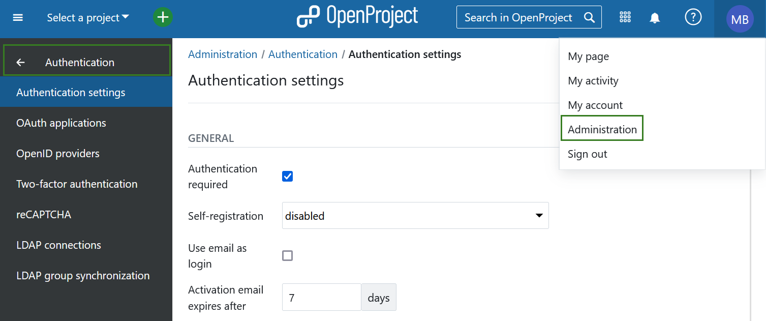 Authentication settings in OpenProject system administration