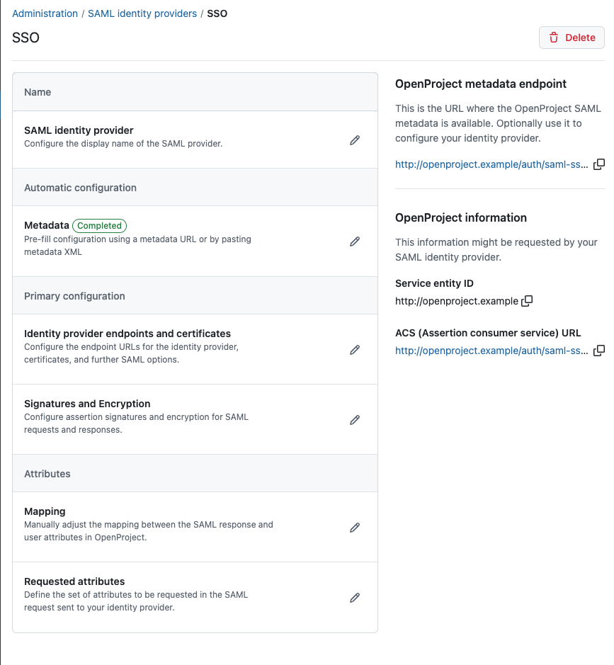 SAML configuration sidebar in OpenProject administration