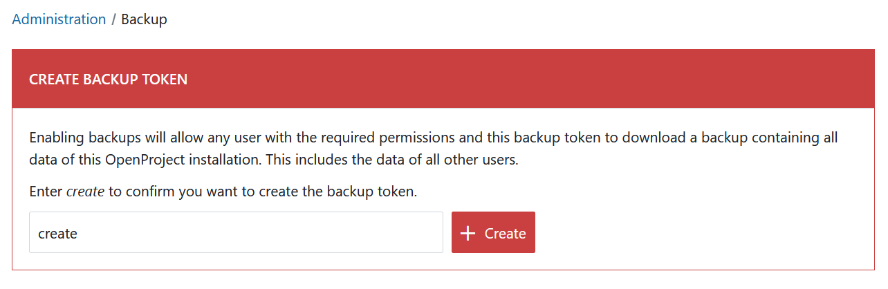 Confirm creating a backup token in OpenProject