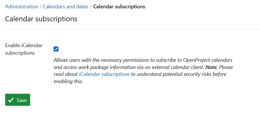 Calendar subscriptions administrator settings