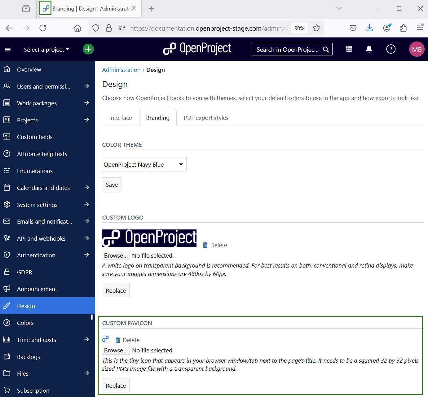 Custom favicon in OpenProject design settings