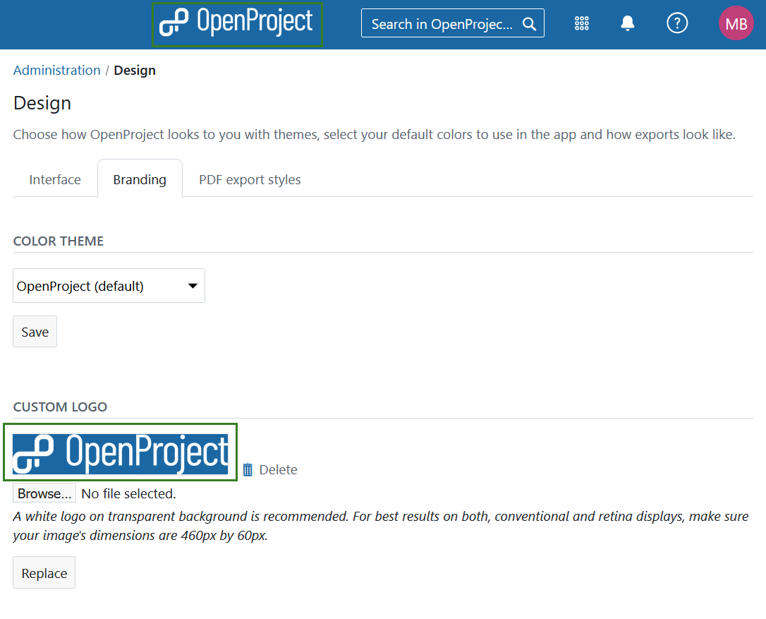 Custom logo updated in OpenProject administration