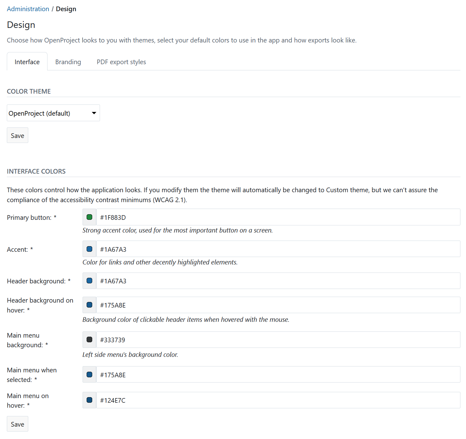 Design interface settings in OpenProject administration