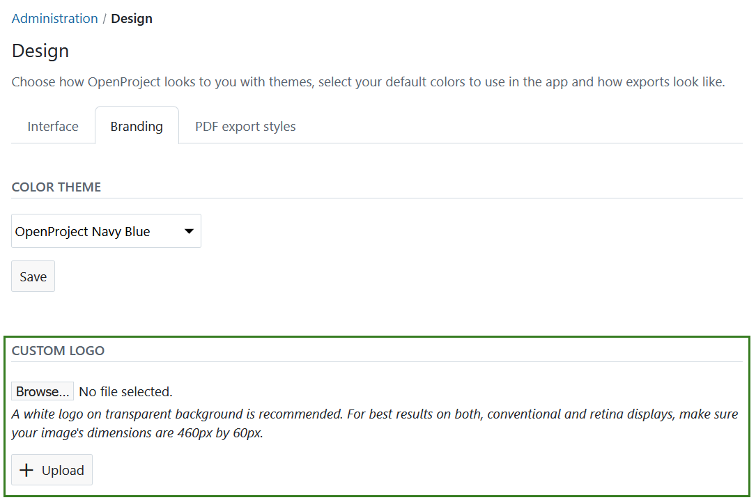 Upload custom logo in OpenProject administration settings