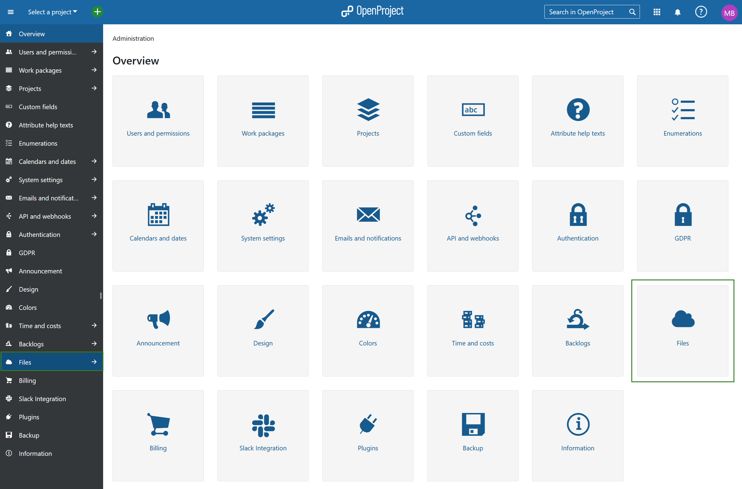 Navigation to attachment settings in OpenProject