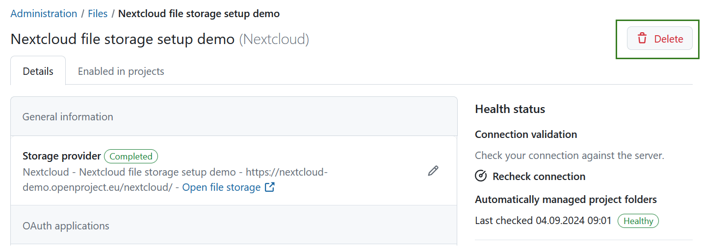 Click on the delete icon next to the file storage in administration settings to delete it from this instance