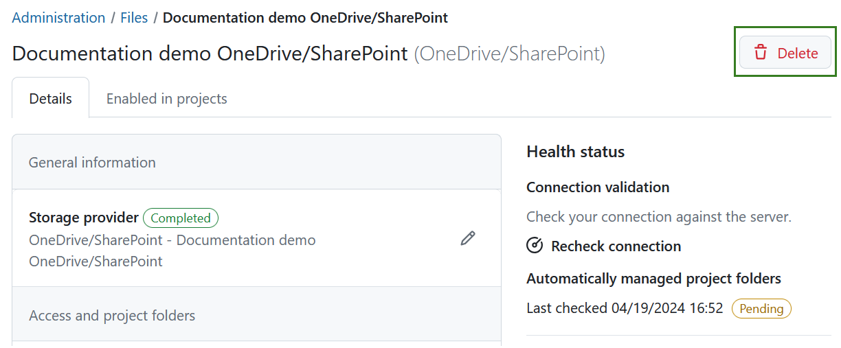 Delete icon for SharePoint integration in OpenProject system settings