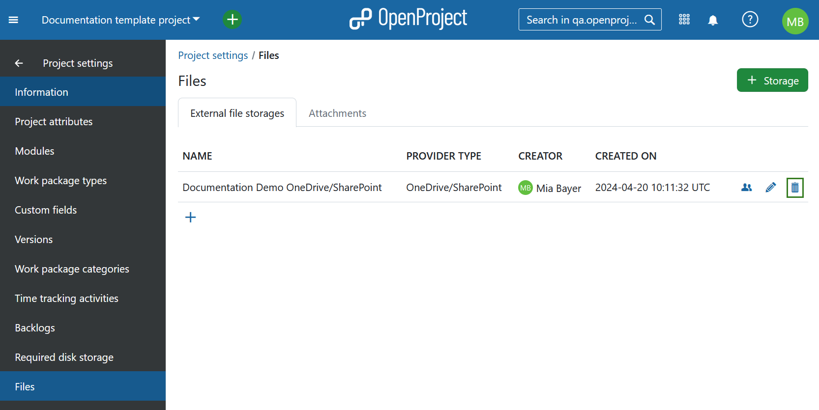 Delete a OneDrive/SharePoint storage from an OpenProject project