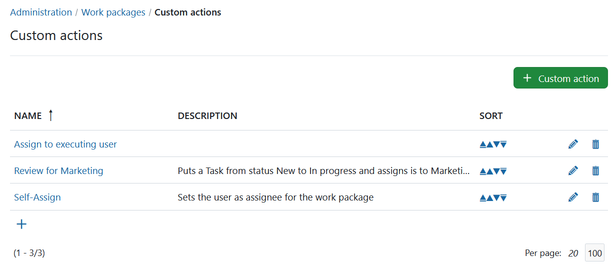 custom actions overview in OpenProject administration