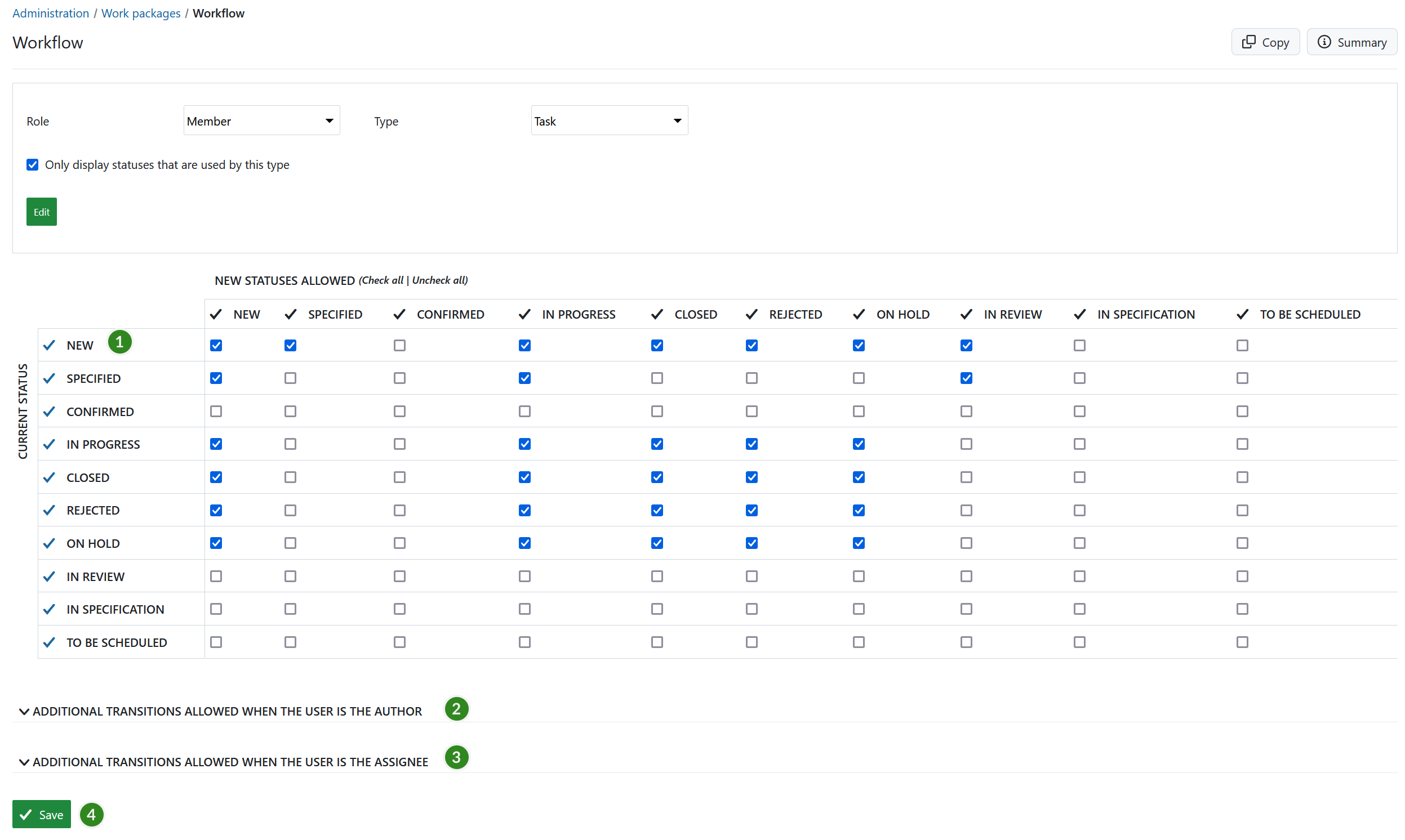 Edit work package workflows in OpenProject administration