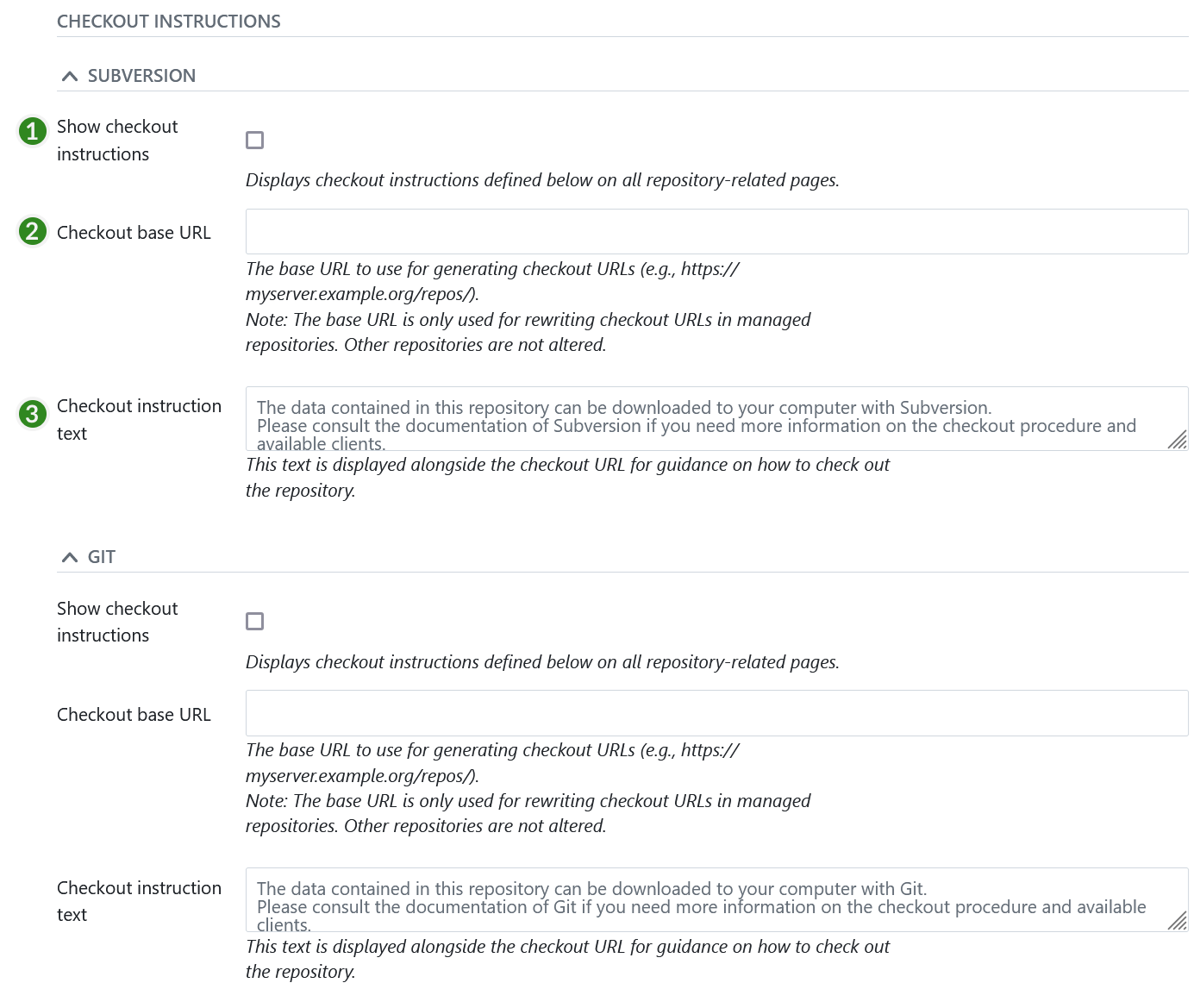 Checkout instructions in repositories settings in OpenProject administration settings