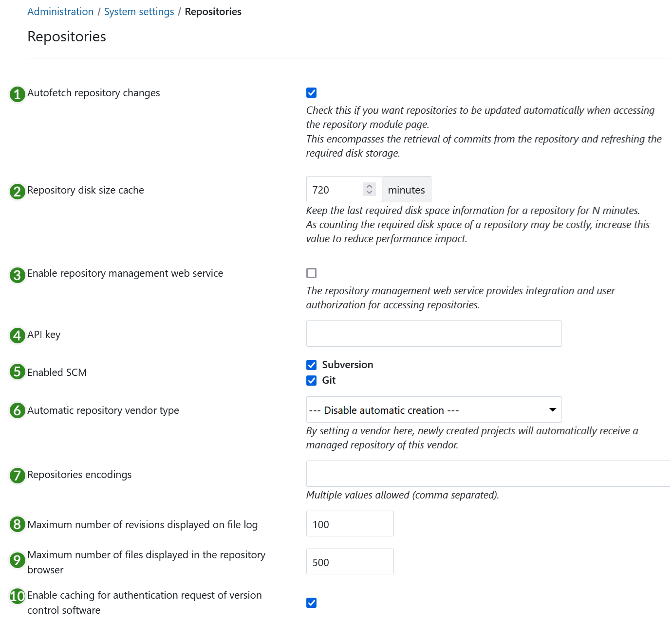 Repositories settings in OpenProject administration settings