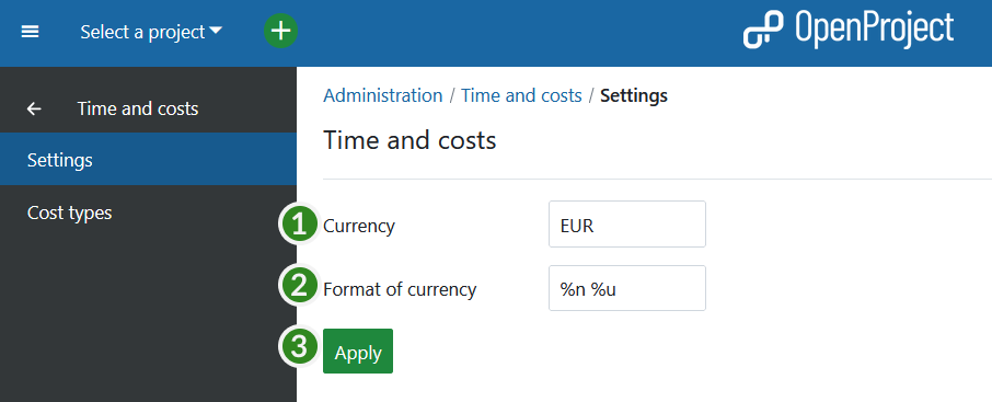 Time and costs settings in OpenProject administration