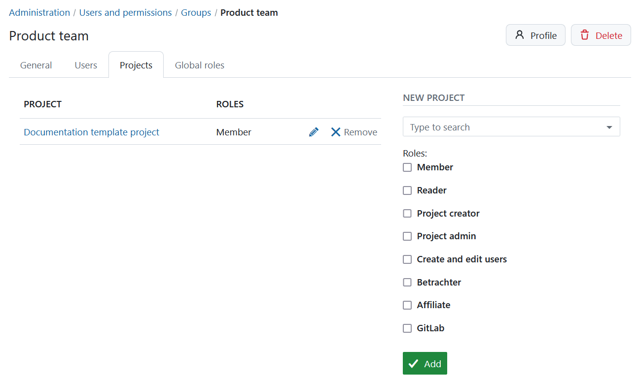 Add a group to a project in OpenProject administration