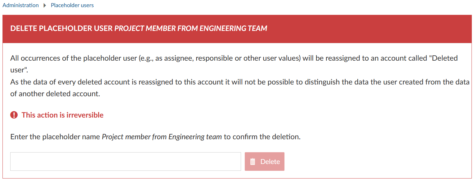 Delete a placeholder user in OpenProject administration