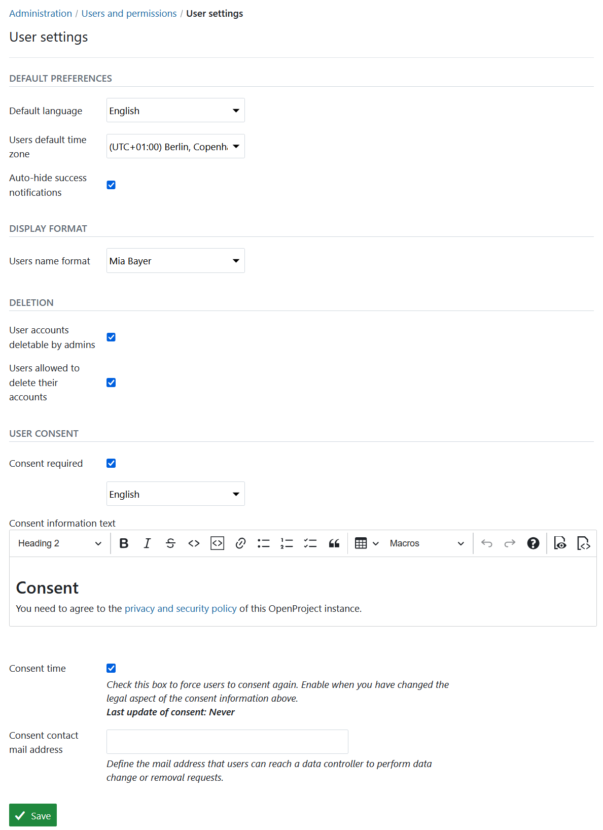 user and permissions settings