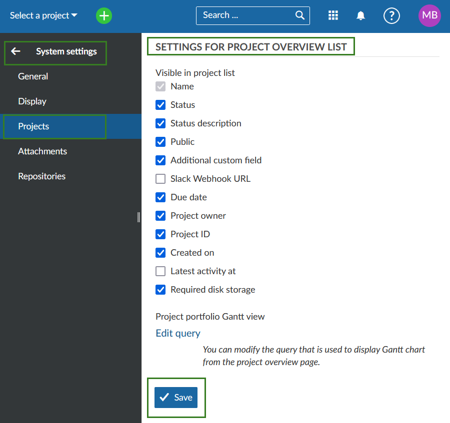 Settings for project overview list