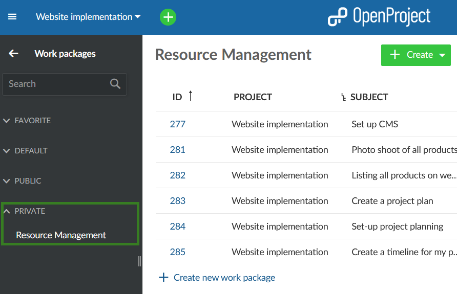 OpenProject work package private filter