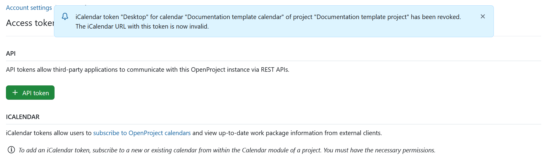 OpenProject calendar access token is invalid