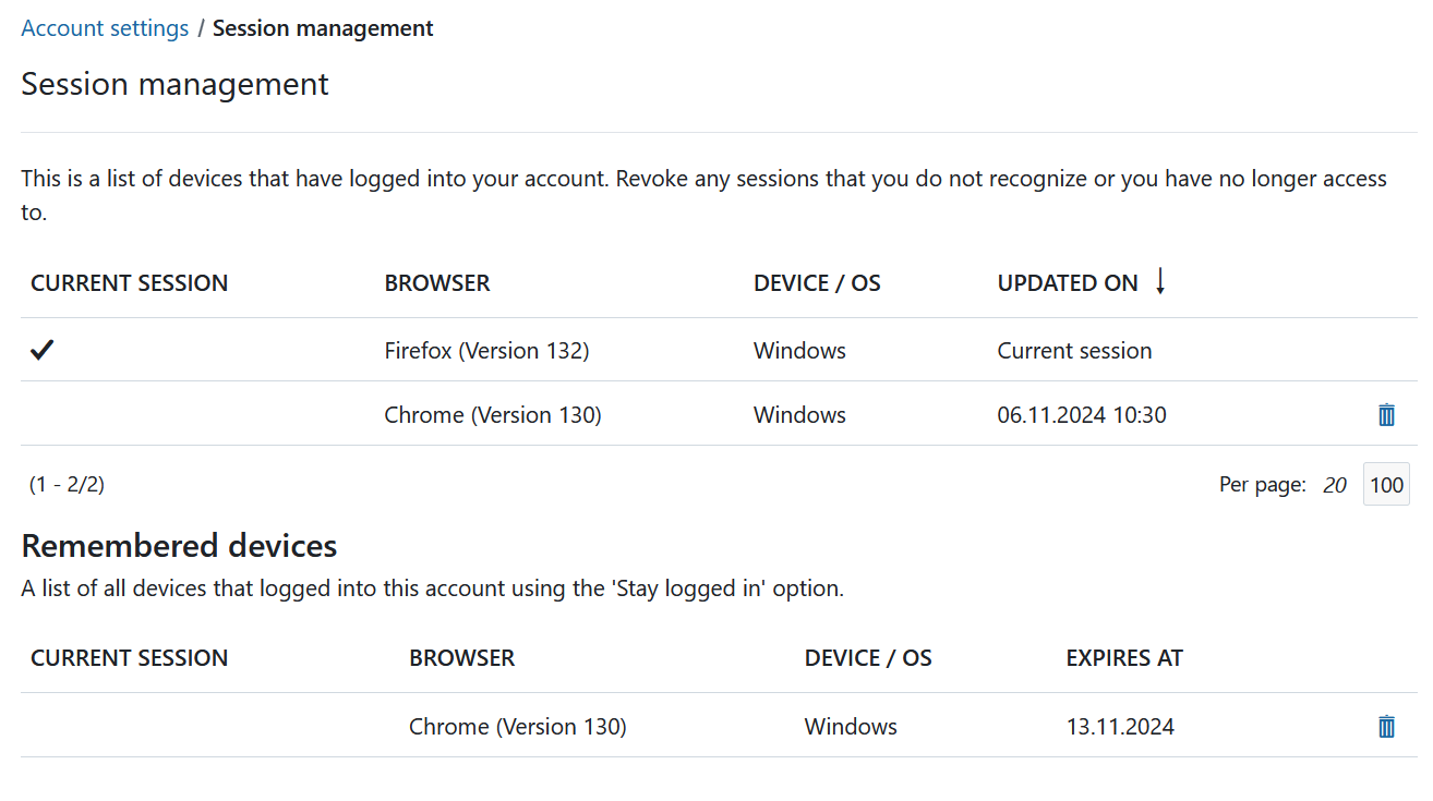 Sessions management in OpenProject account settings