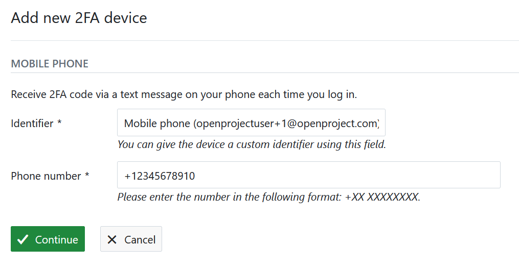 Add a new mobile phone as a 2FA device in OpenProject