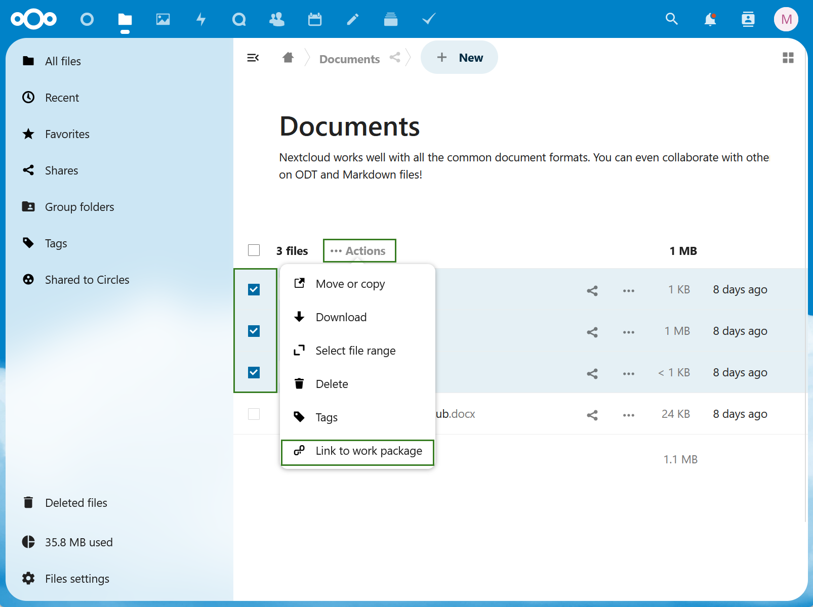 Select multiple files in Nextcloud to link to a single work package in OpenProject