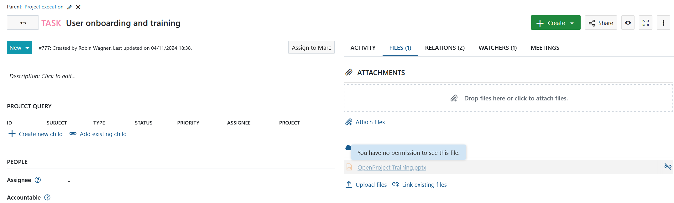 Error message based on missing permissions to see a file in OpenProject