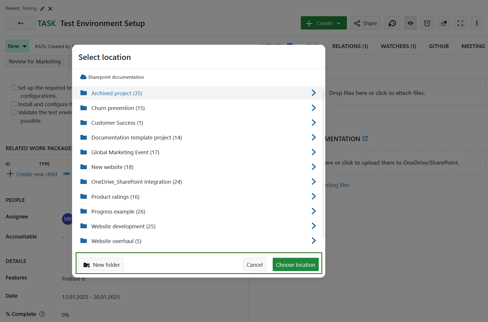 Selection a Sharepoint location to upload a file from OpenProject