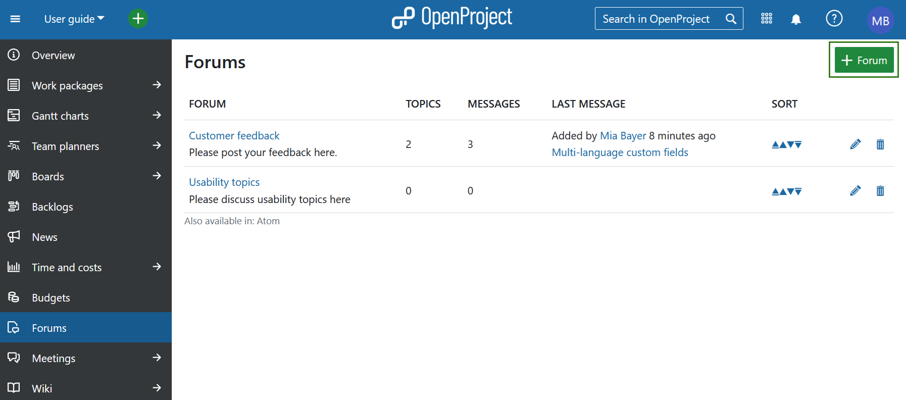 A button to create a new forum in OpenProject